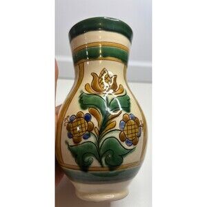Hungarian Folk Art Pottery Hand-Painted Glazed Small Jug VASE 6.5"H FLORAL